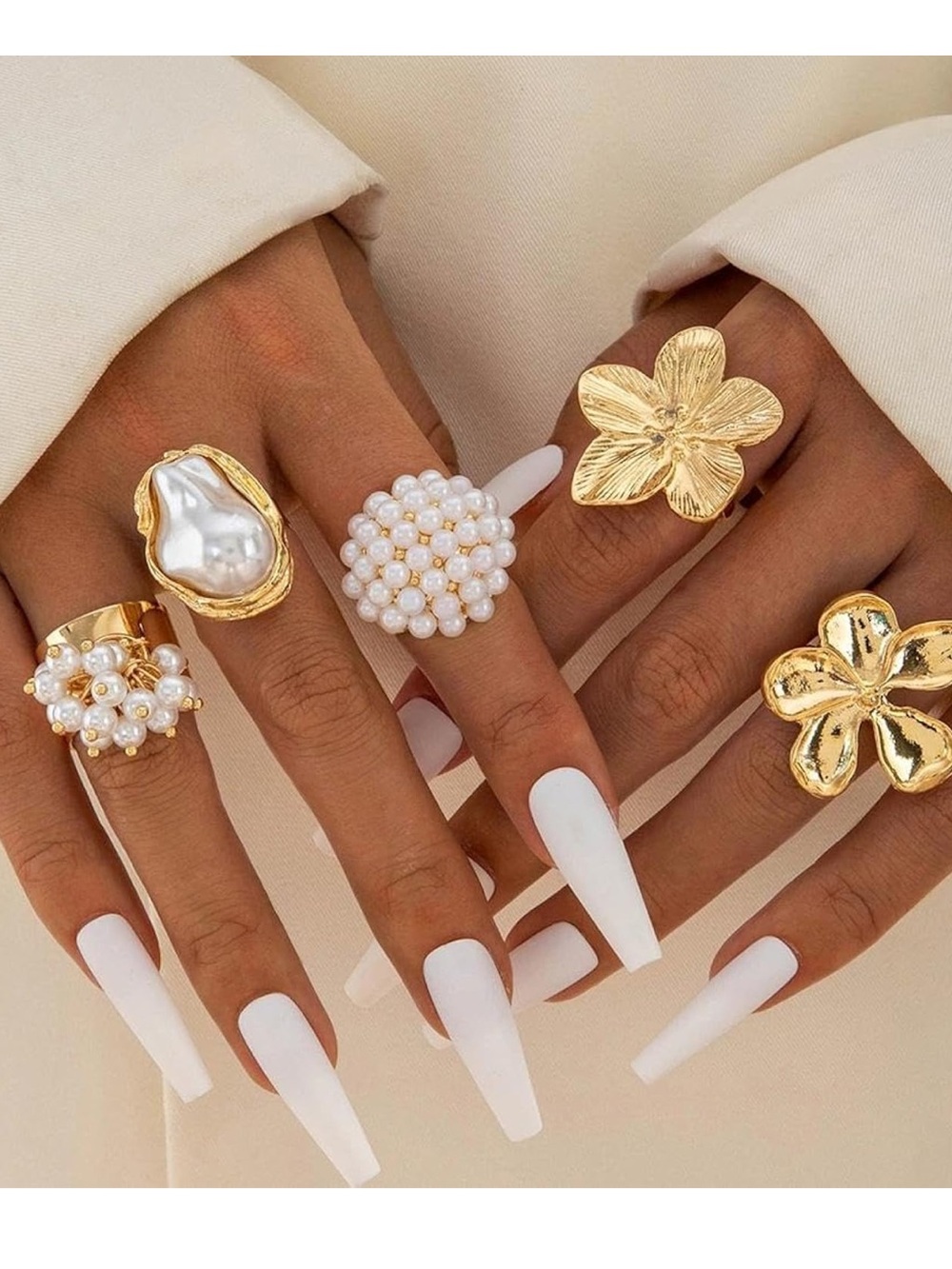 New Anthropologie Gold color  Floral & Pearl Ring Set - Gold and White